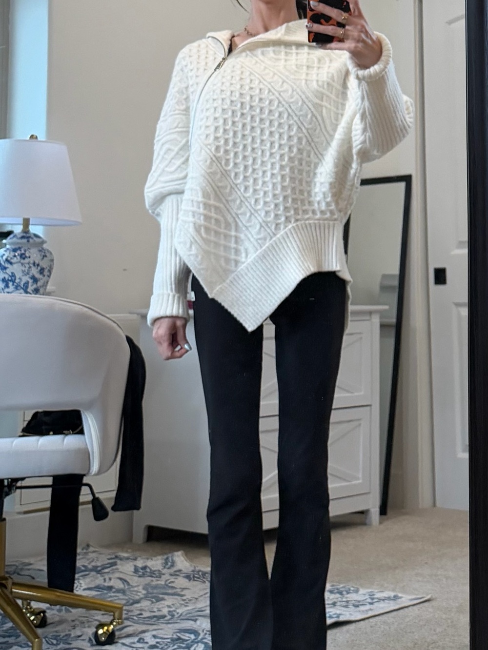 Elan Ivory Asymmetrical Zip Cable Knit Sweater, Size M